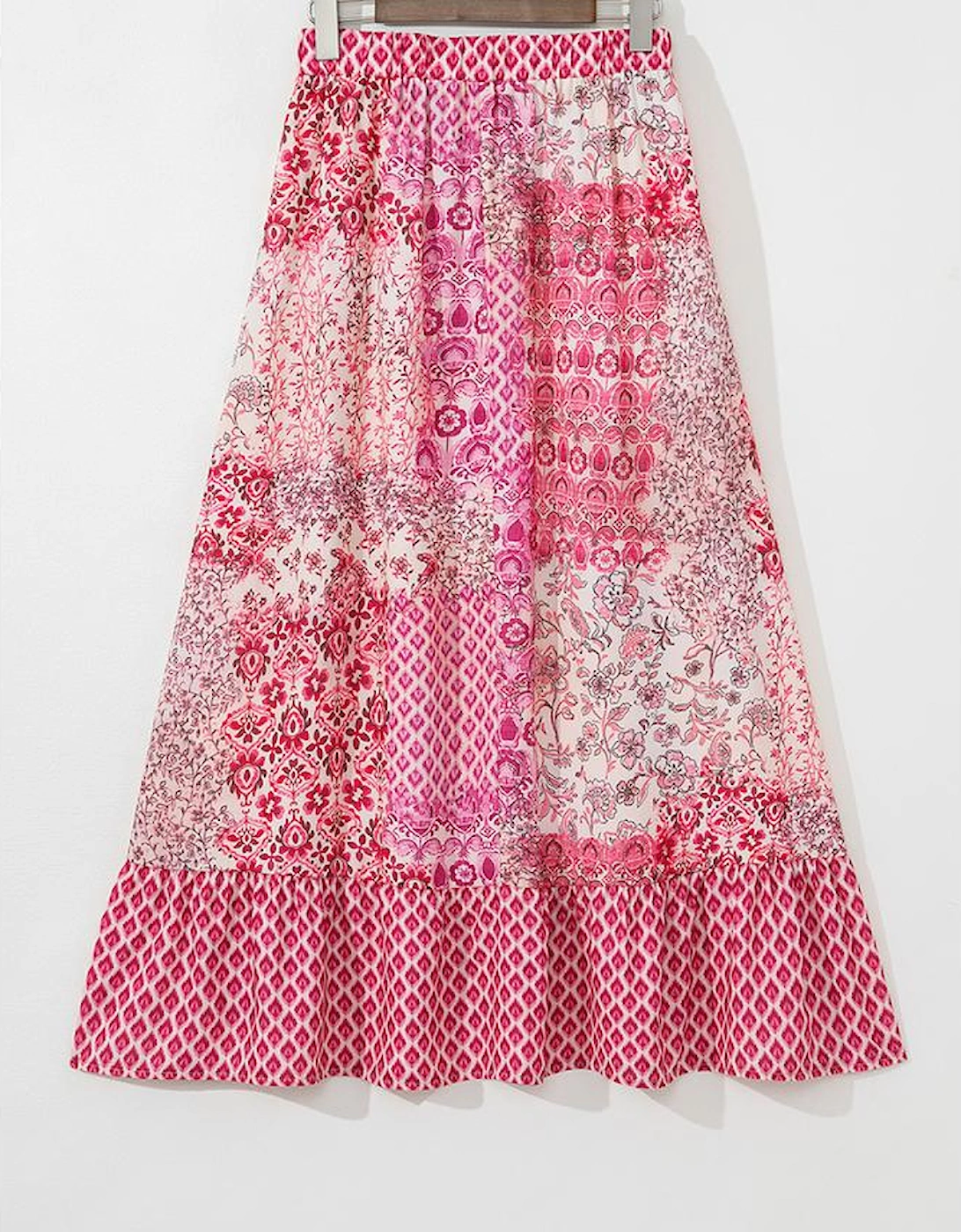 Red Boho Pattern Print Tassel Drawstring High Waist Maxi Dress