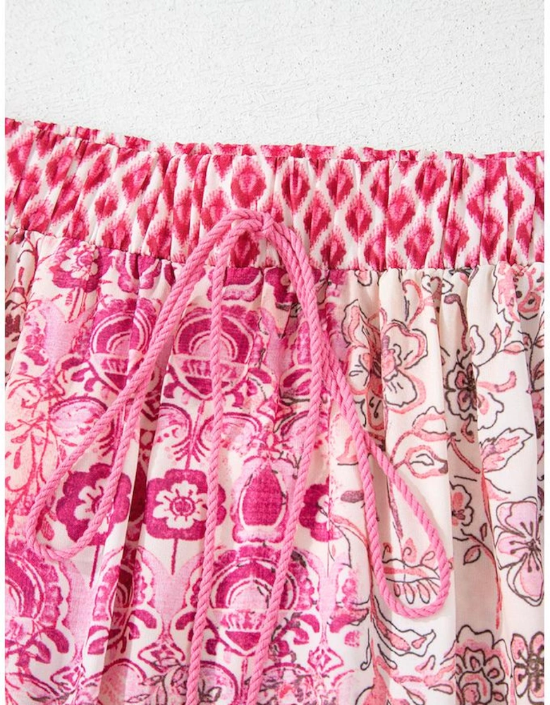 Red Boho Pattern Print Tassel Drawstring High Waist Maxi Dress