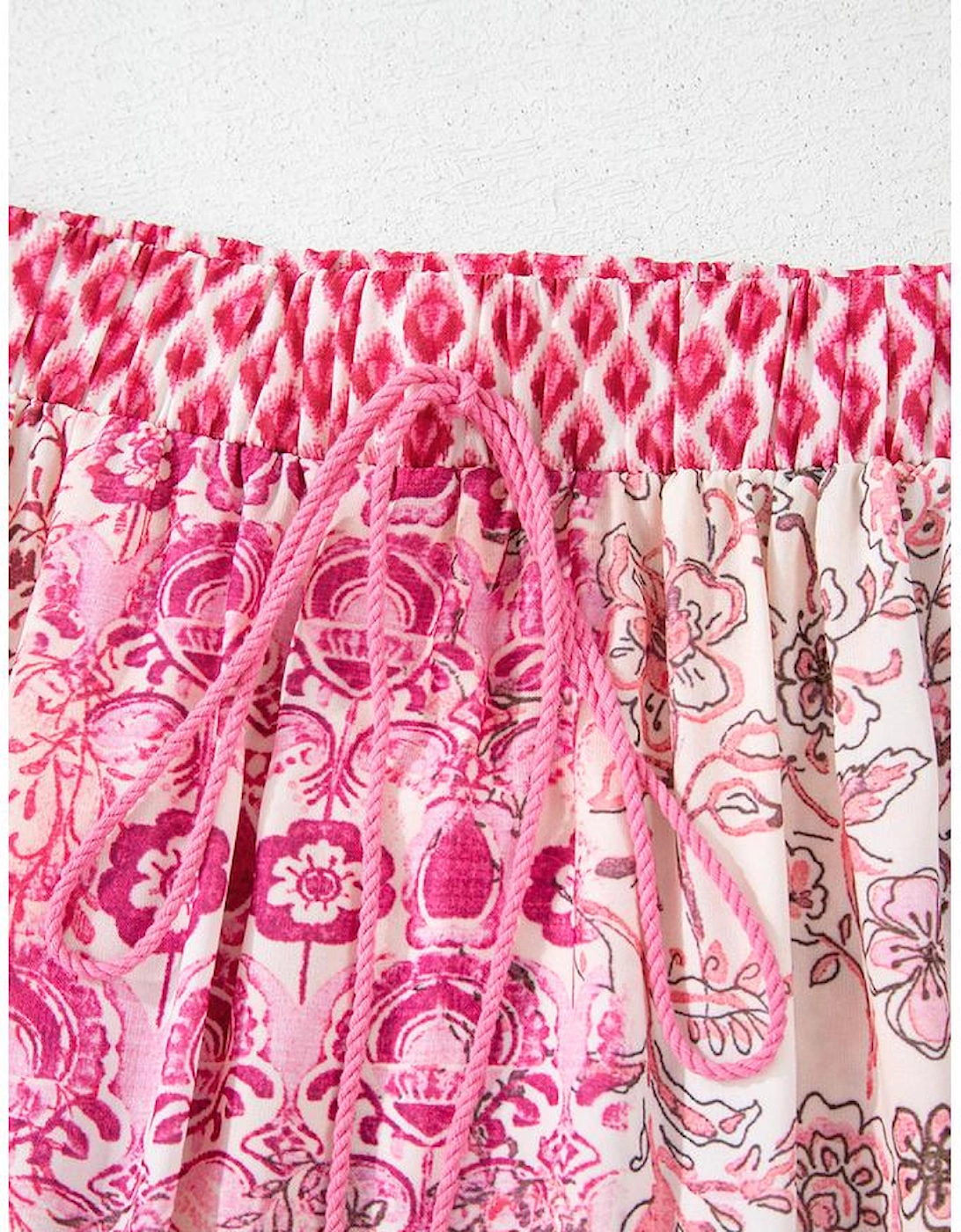 Red Boho Pattern Print Tassel Drawstring High Waist Maxi Dress