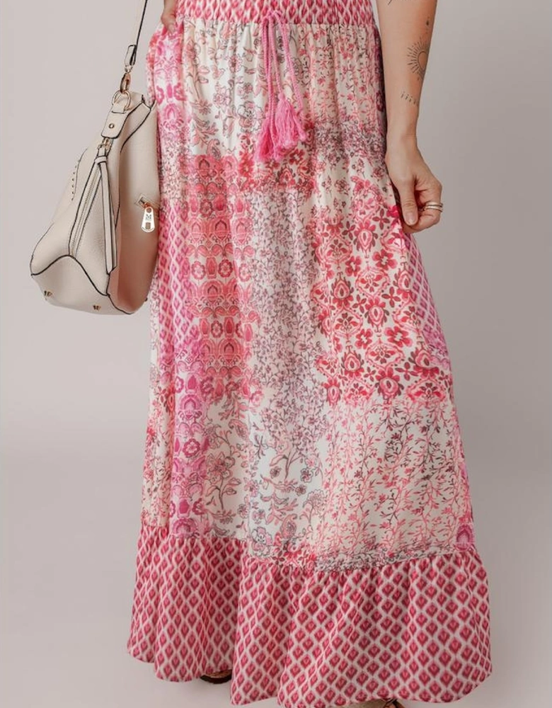 Red Boho Pattern Print Tassel Drawstring High Waist Maxi Dress