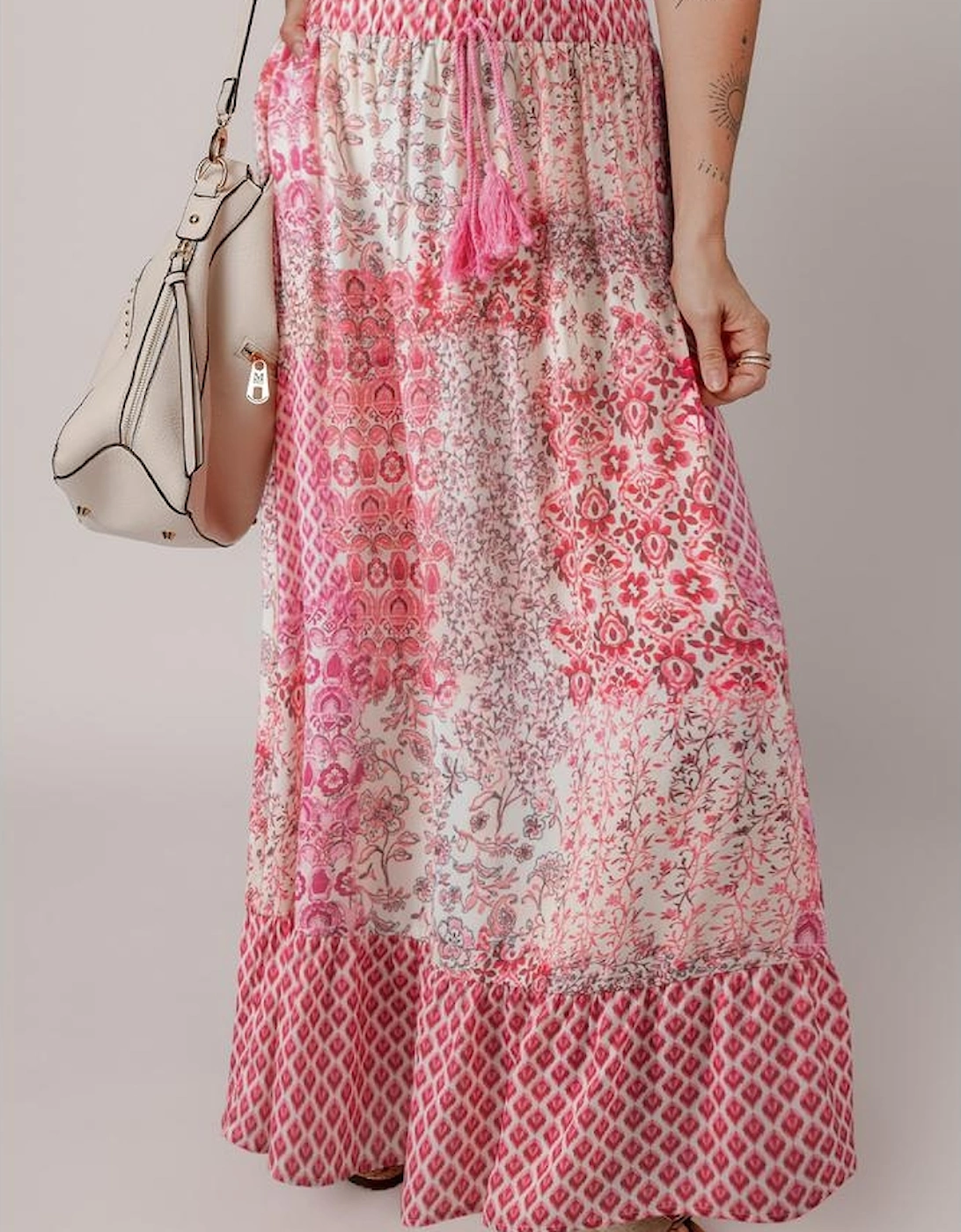 Red Boho Pattern Print Tassel Drawstring High Waist Maxi Dress