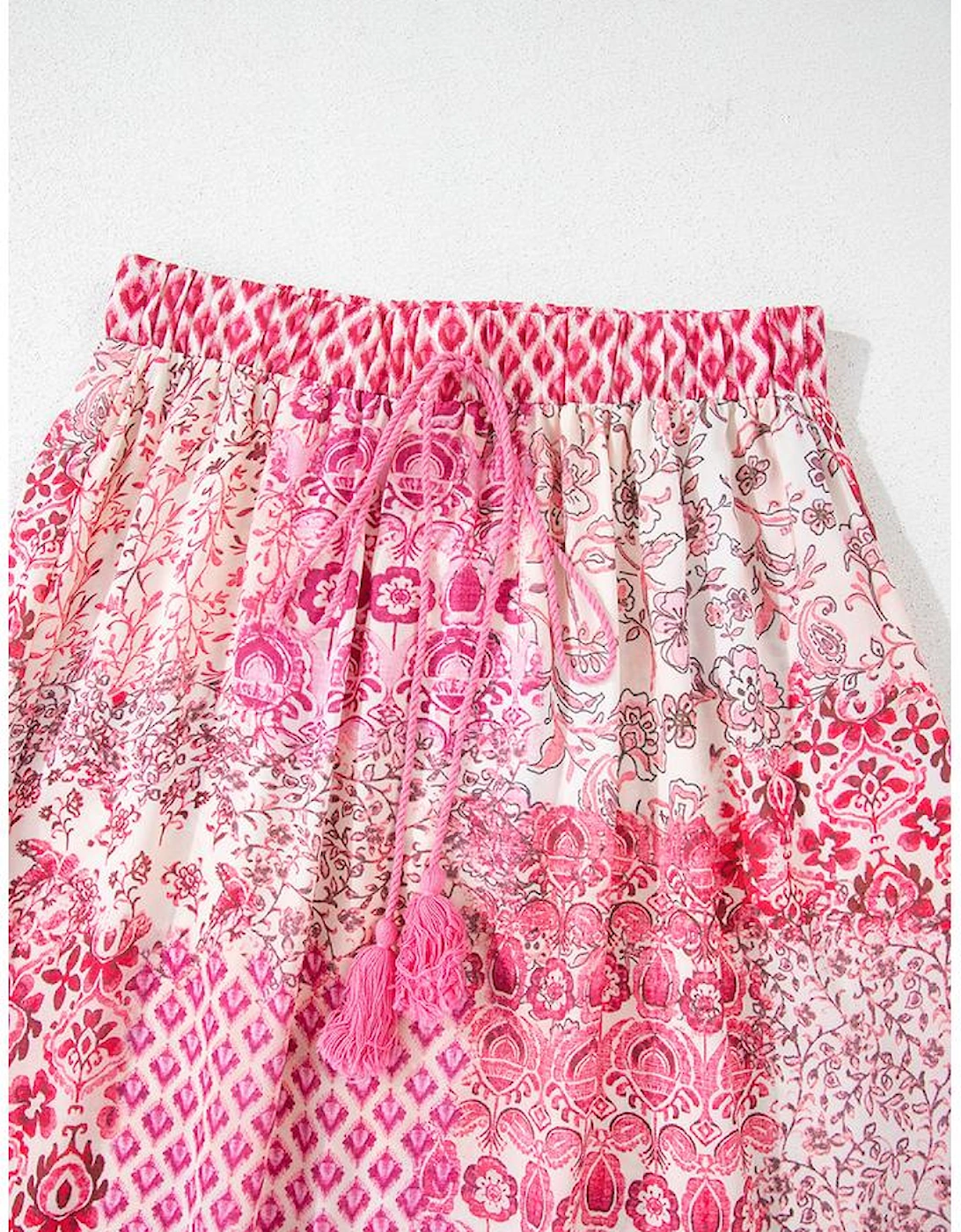 Red Boho Pattern Print Tassel Drawstring High Waist Maxi Dress