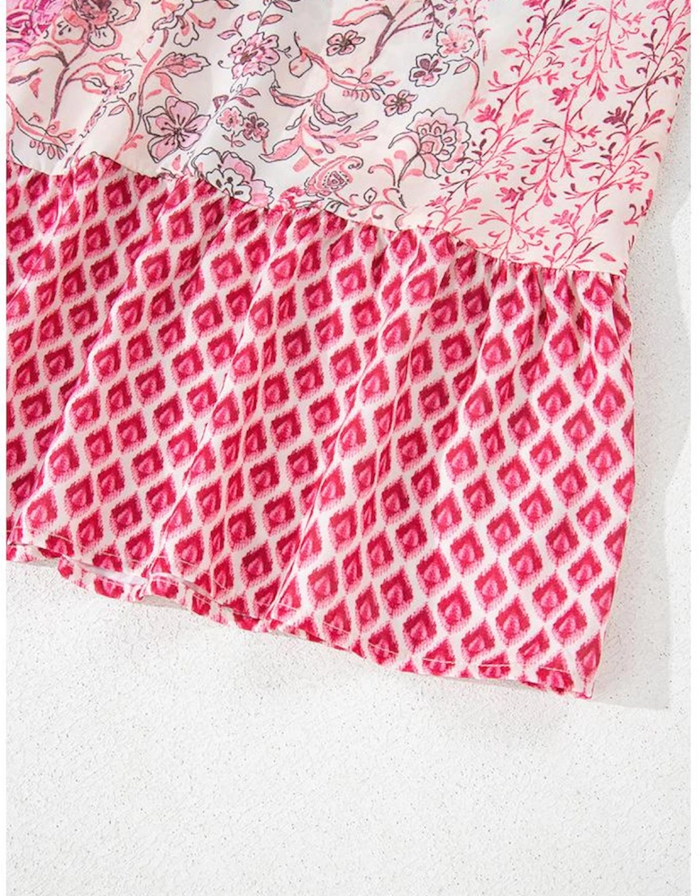 Red Boho Pattern Print Tassel Drawstring High Waist Maxi Dress