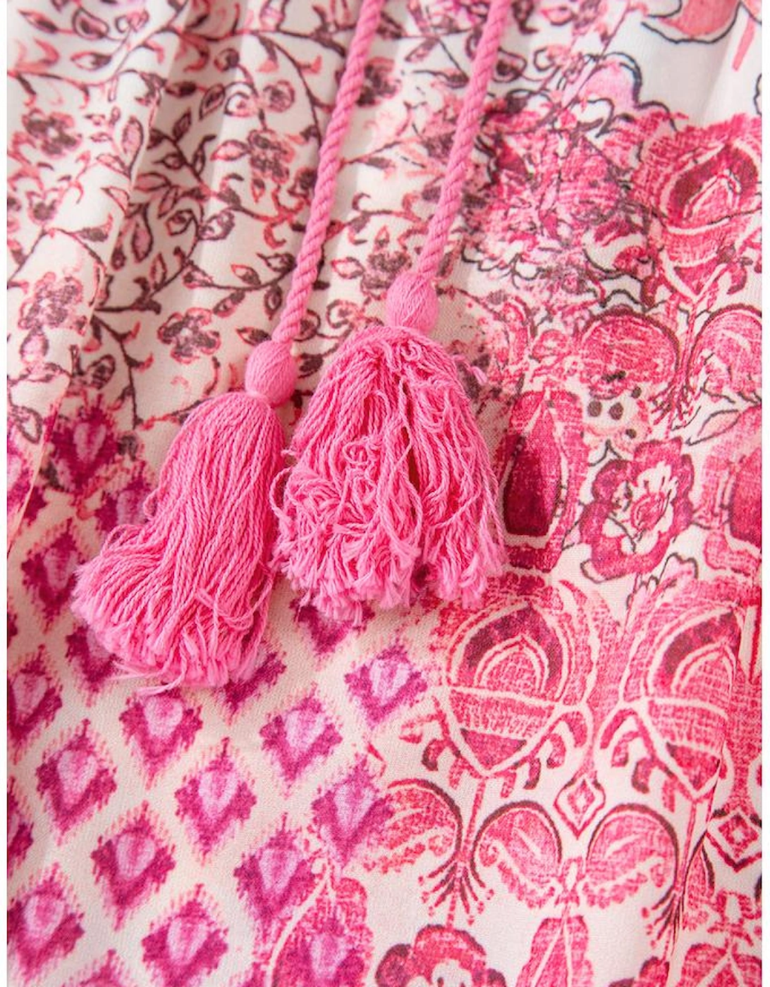 Red Boho Pattern Print Tassel Drawstring High Waist Maxi Dress