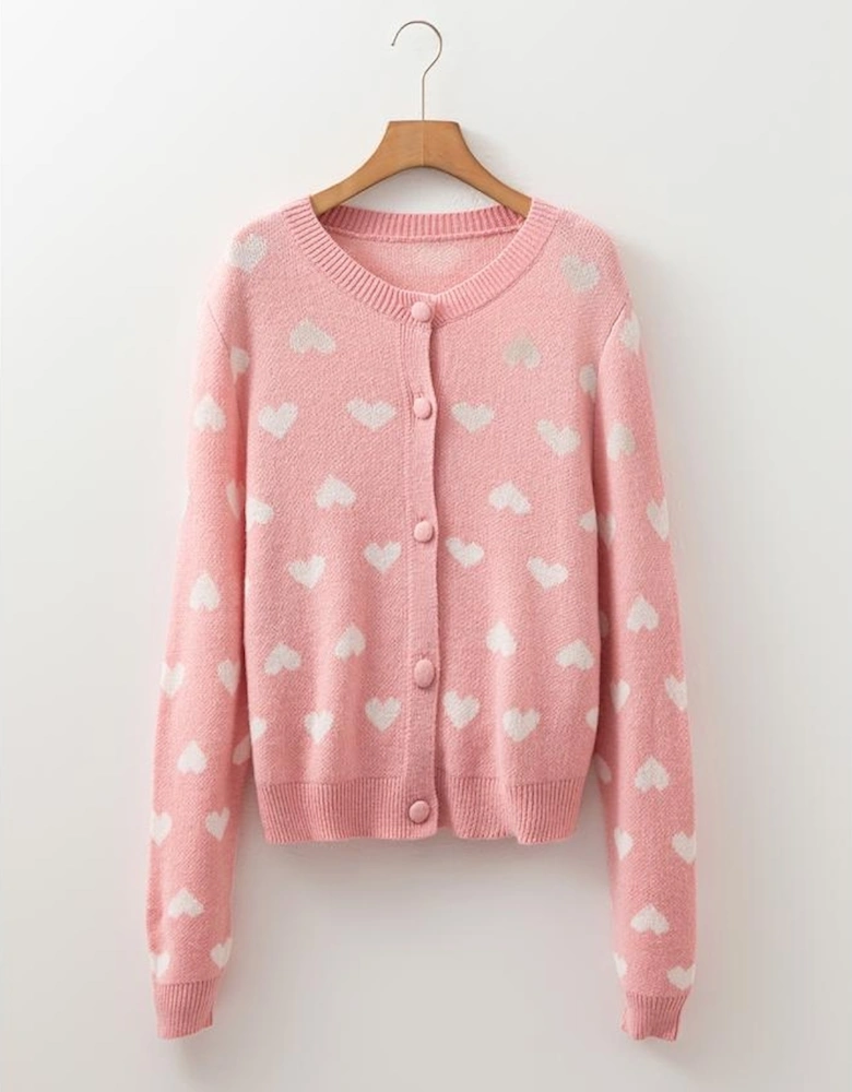Light Pink Heart Pattern Button Front Cardigan Sweater