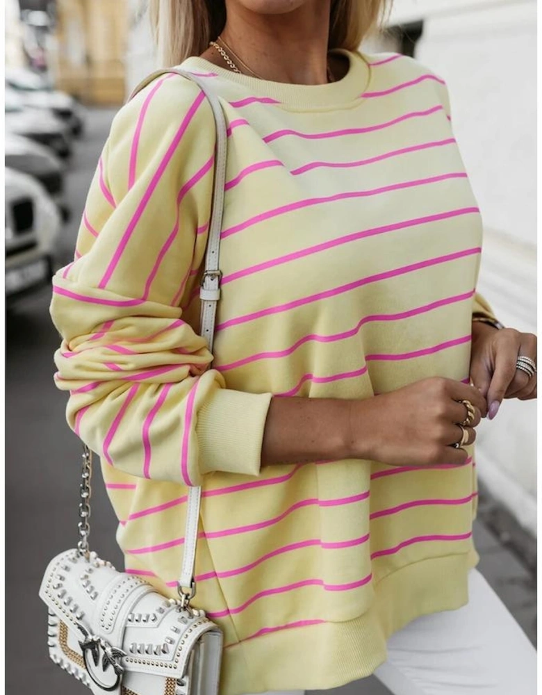 Yellow Stripe Stylish Overlap Detail Drop Shoulder Pullover Sweatshirt