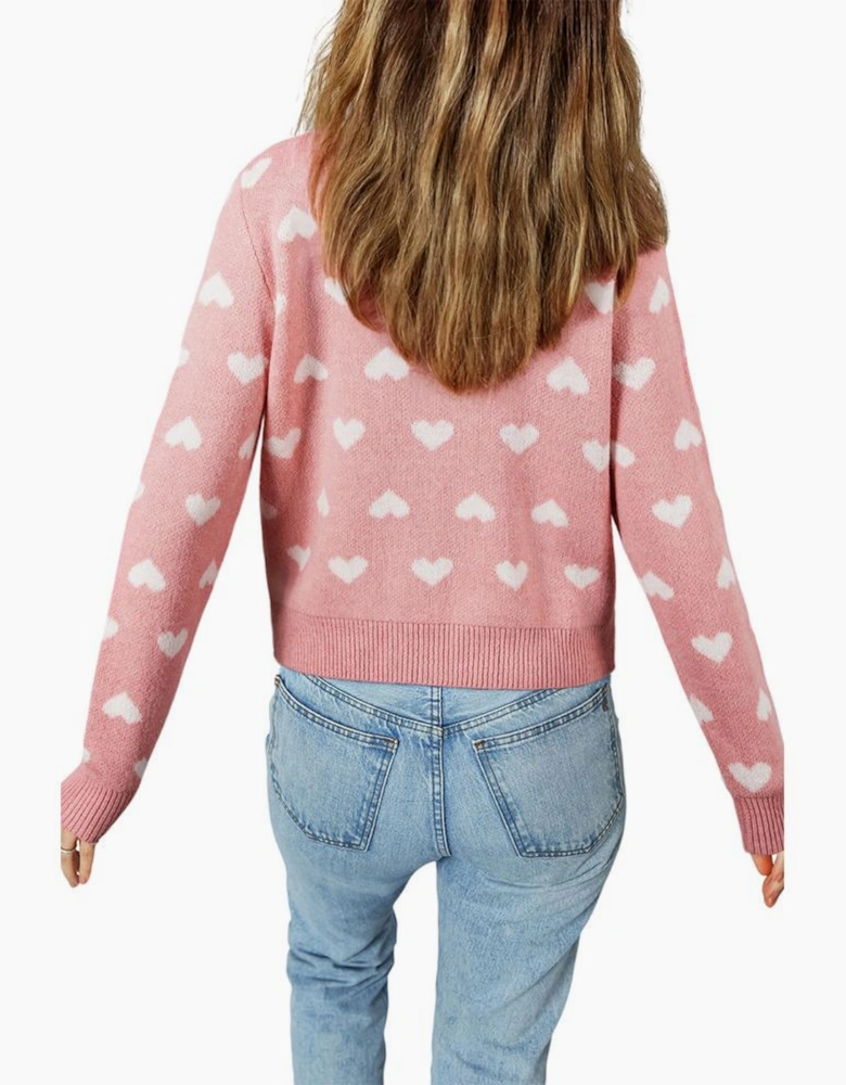 Light Pink Heart Pattern Button Front Cardigan Sweater