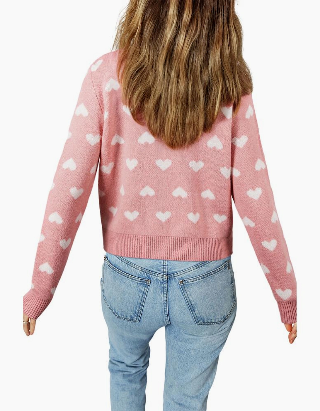 Light Pink Heart Pattern Button Front Cardigan Sweater