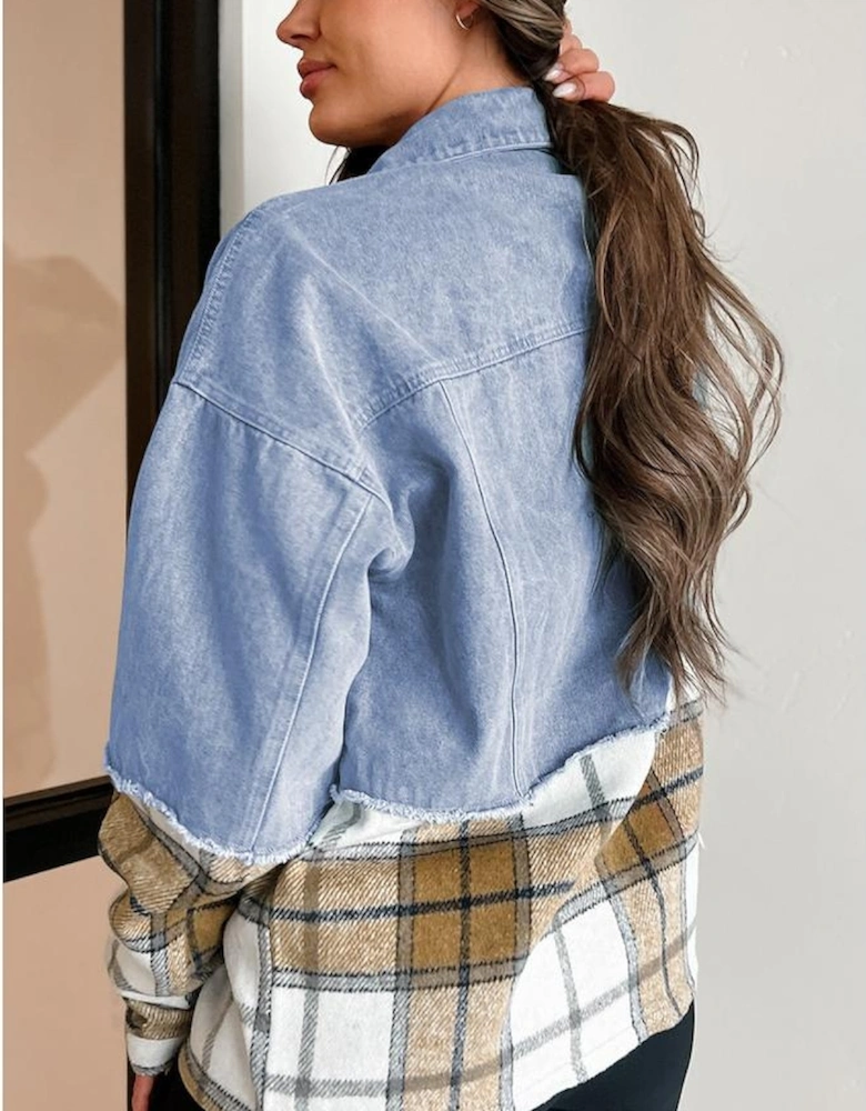 Khaki Plaid Patchwork Buttoned Oversized Denim Jacket
