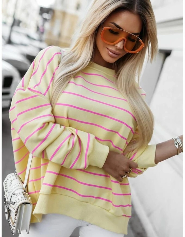 Yellow Stripe Stylish Overlap Detail Drop Shoulder Pullover Sweatshirt