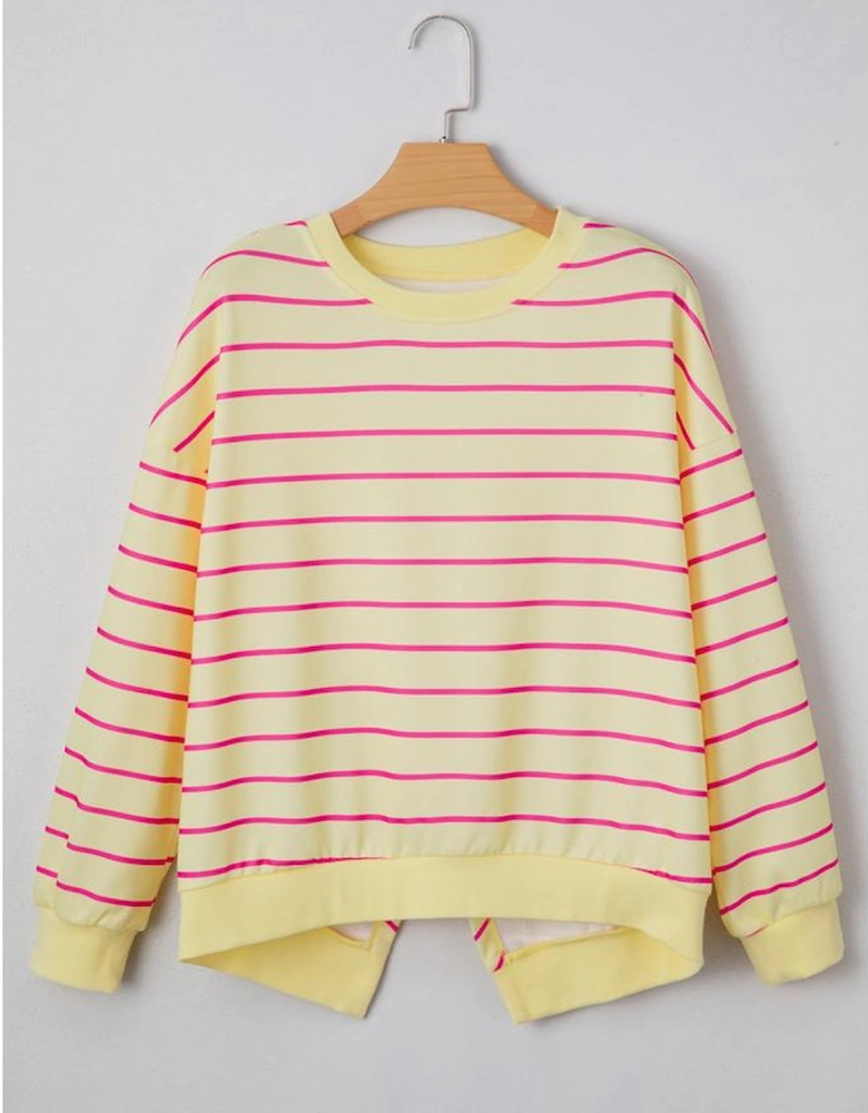 Yellow Stripe Stylish Overlap Detail Drop Shoulder Pullover Sweatshirt