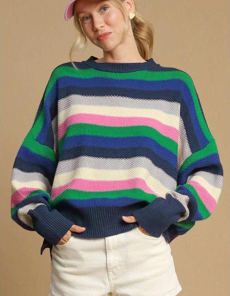 Bright Green Rainbow Striped Crew Neck Drop Shoulder Sweater