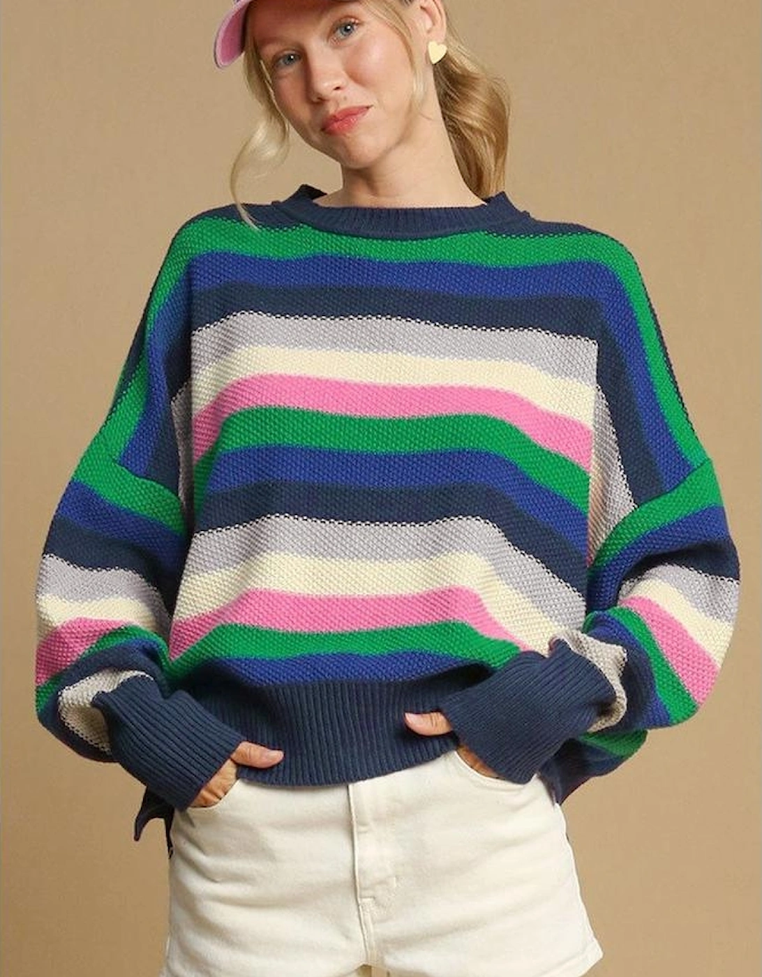 Bright Green Rainbow Striped Crew Neck Drop Shoulder Sweater