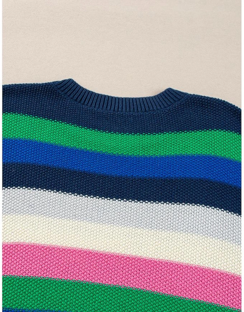 Bright Green Rainbow Striped Crew Neck Drop Shoulder Sweater