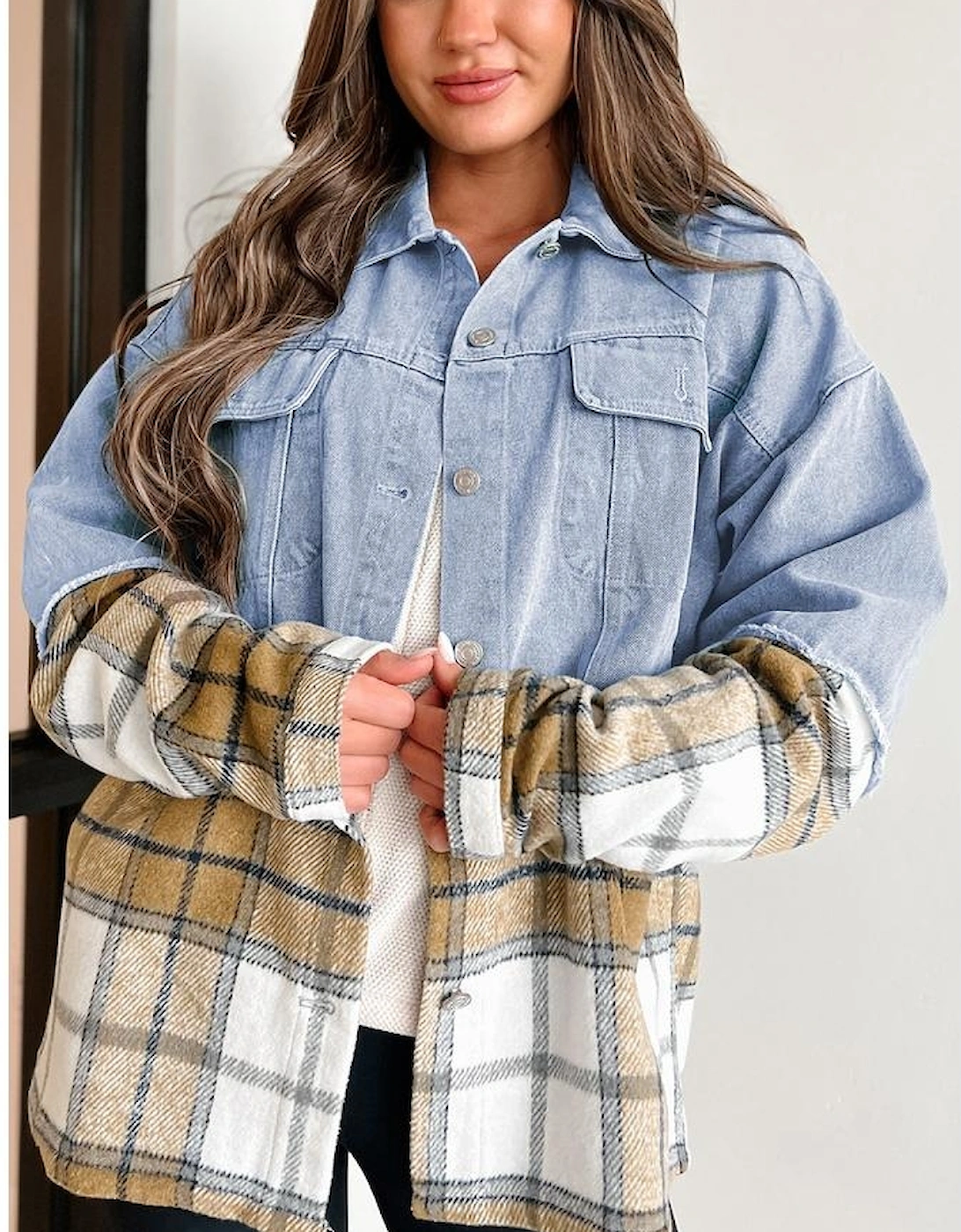 Khaki Plaid Patchwork Buttoned Oversized Denim Jacket