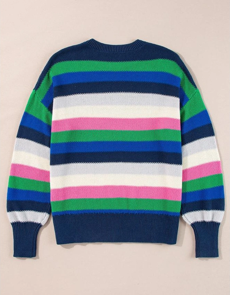 Bright Green Rainbow Striped Crew Neck Drop Shoulder Sweater