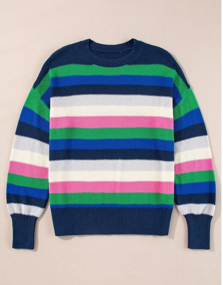 Bright Green Rainbow Striped Crew Neck Drop Shoulder Sweater