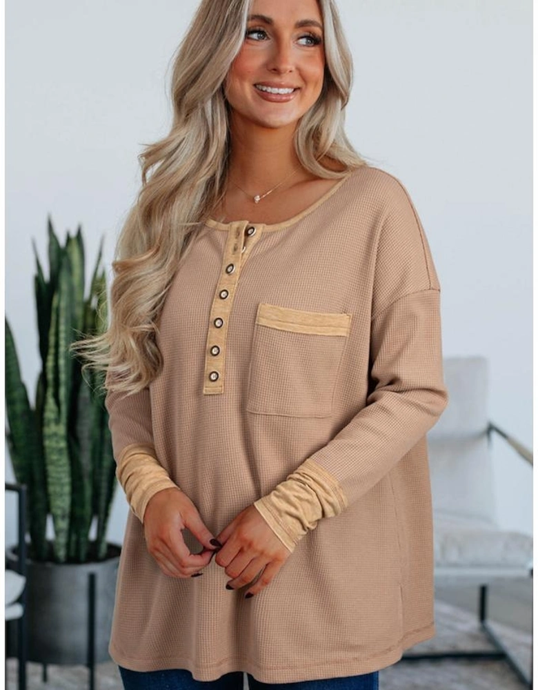 Dark Khaki Color Block Waffle Textured Tunic Henley Top with Slits