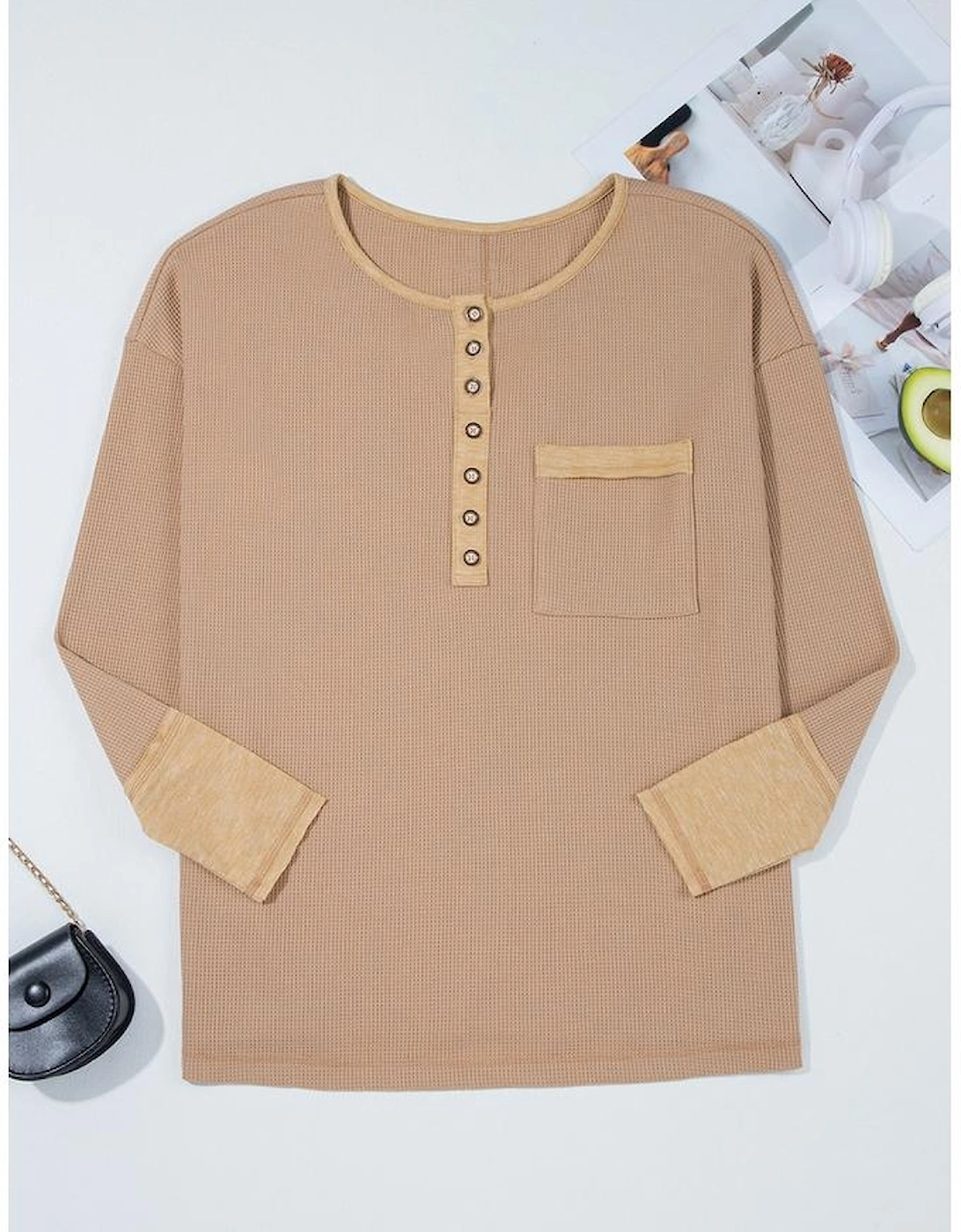 Dark Khaki Color Block Waffle Textured Tunic Henley Top with Slits