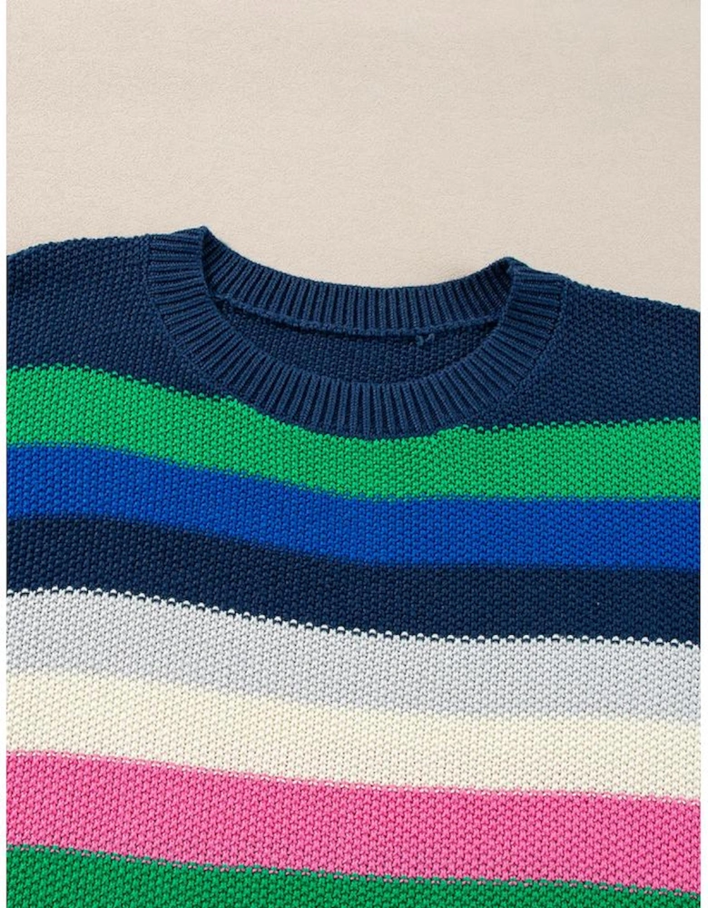 Bright Green Rainbow Striped Crew Neck Drop Shoulder Sweater