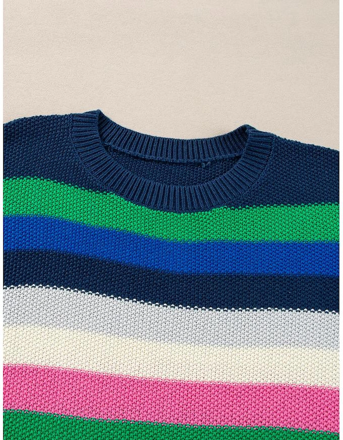 Bright Green Rainbow Striped Crew Neck Drop Shoulder Sweater