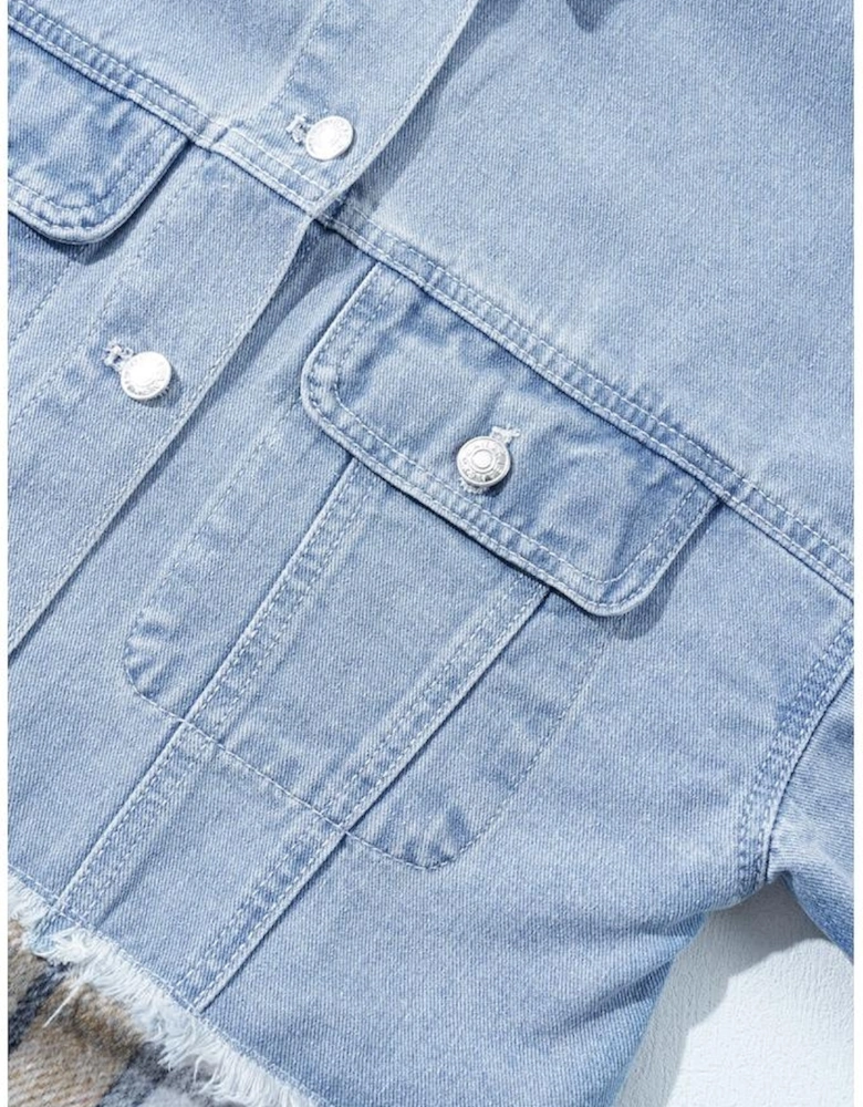 Khaki Plaid Patchwork Buttoned Oversized Denim Jacket