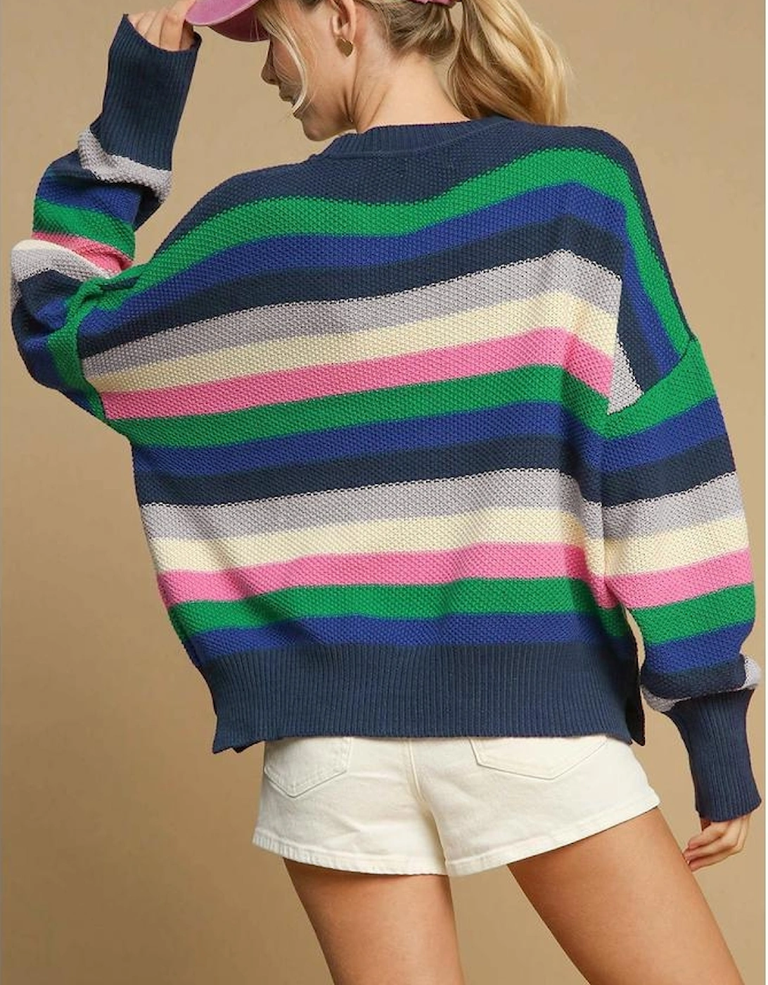 Bright Green Rainbow Striped Crew Neck Drop Shoulder Sweater