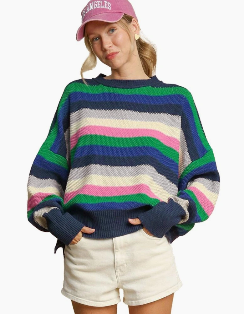 Bright Green Rainbow Striped Crew Neck Drop Shoulder Sweater