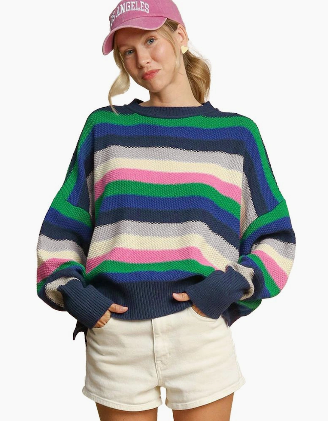 Bright Green Rainbow Striped Crew Neck Drop Shoulder Sweater