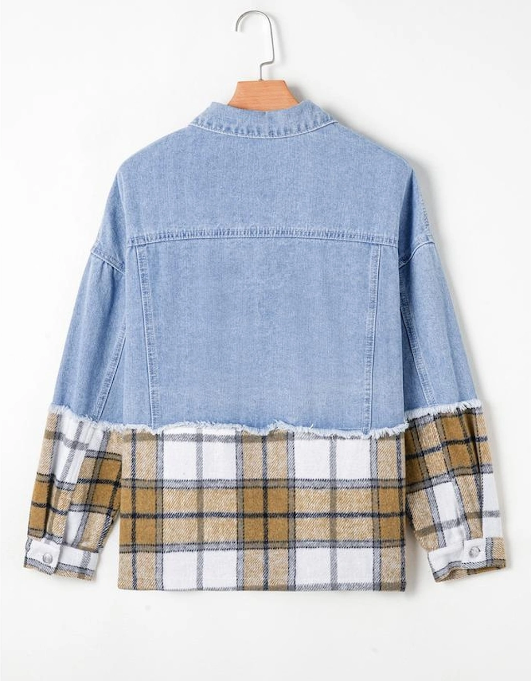 Khaki Plaid Patchwork Buttoned Oversized Denim Jacket