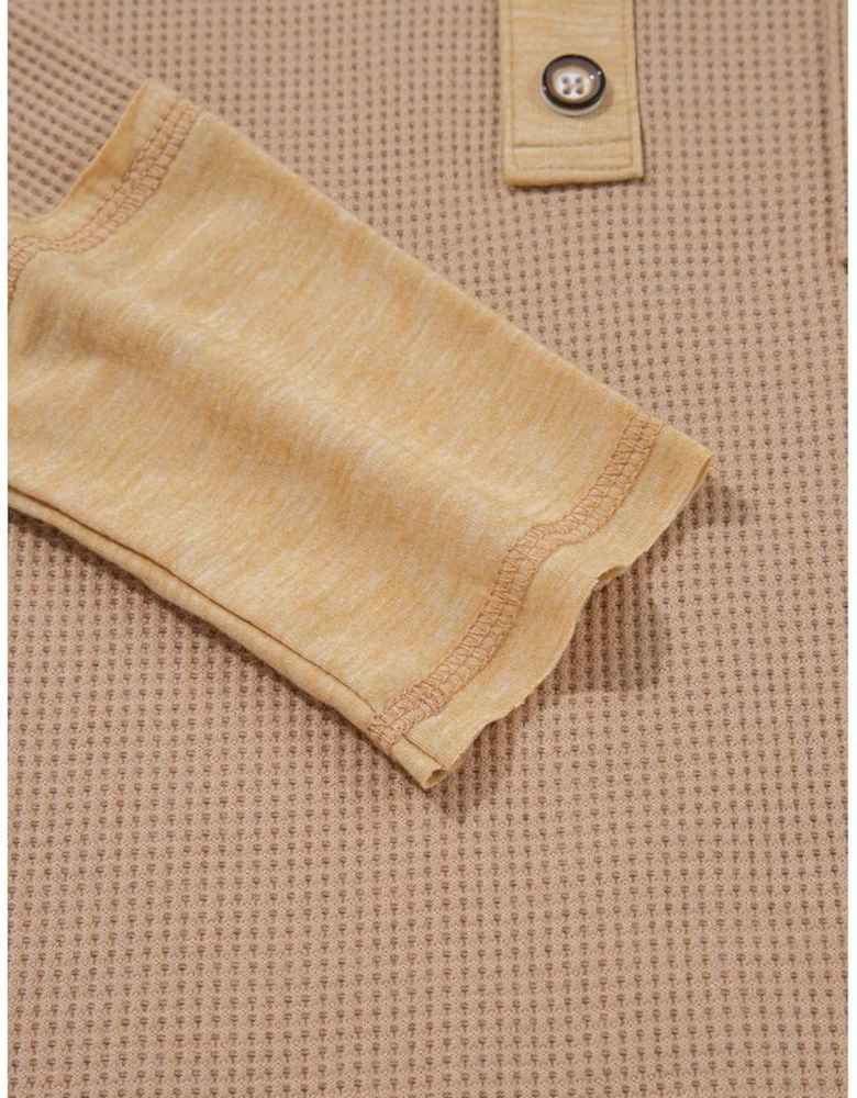 Dark Khaki Color Block Waffle Textured Tunic Henley Top with Slits