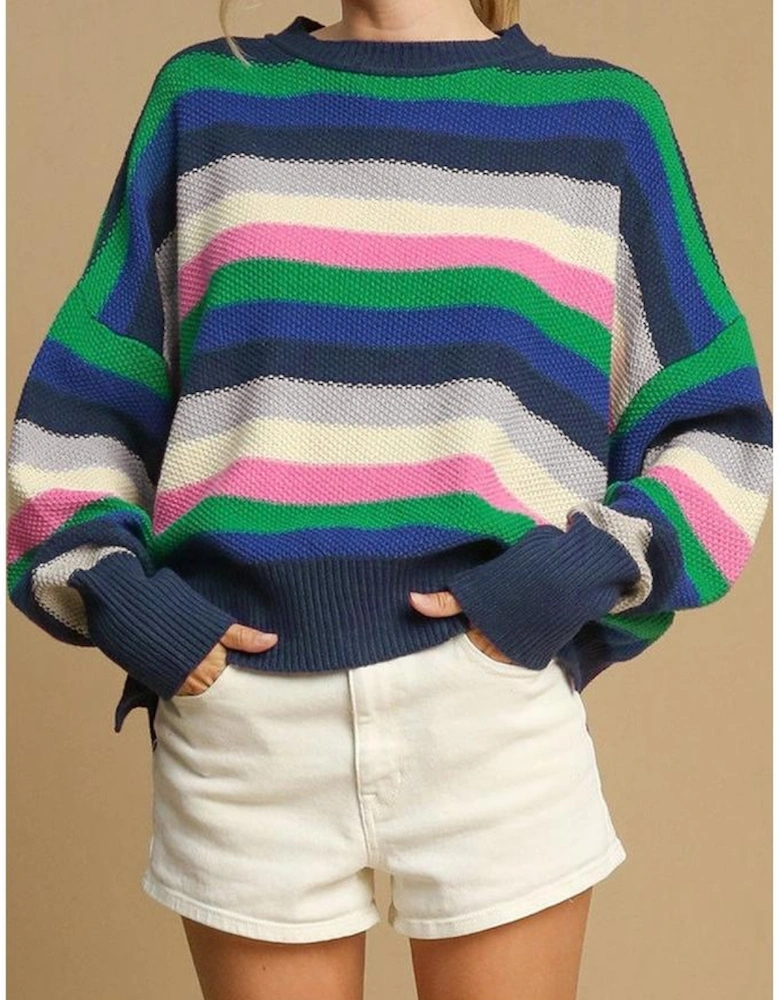 Bright Green Rainbow Striped Crew Neck Drop Shoulder Sweater