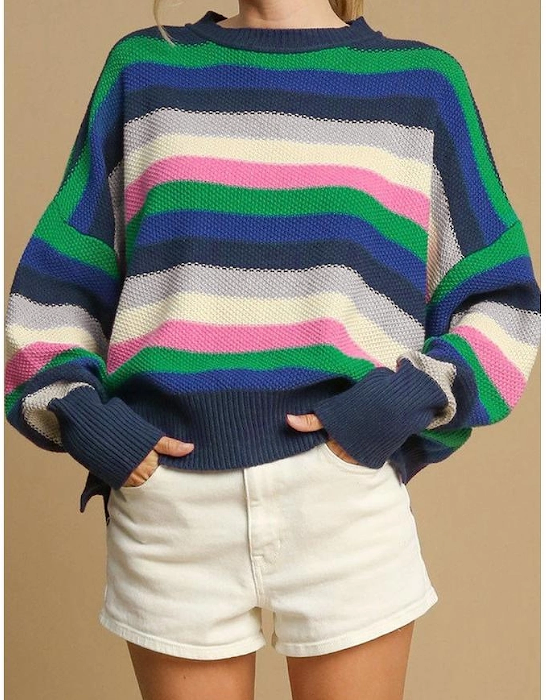 Bright Green Rainbow Striped Crew Neck Drop Shoulder Sweater