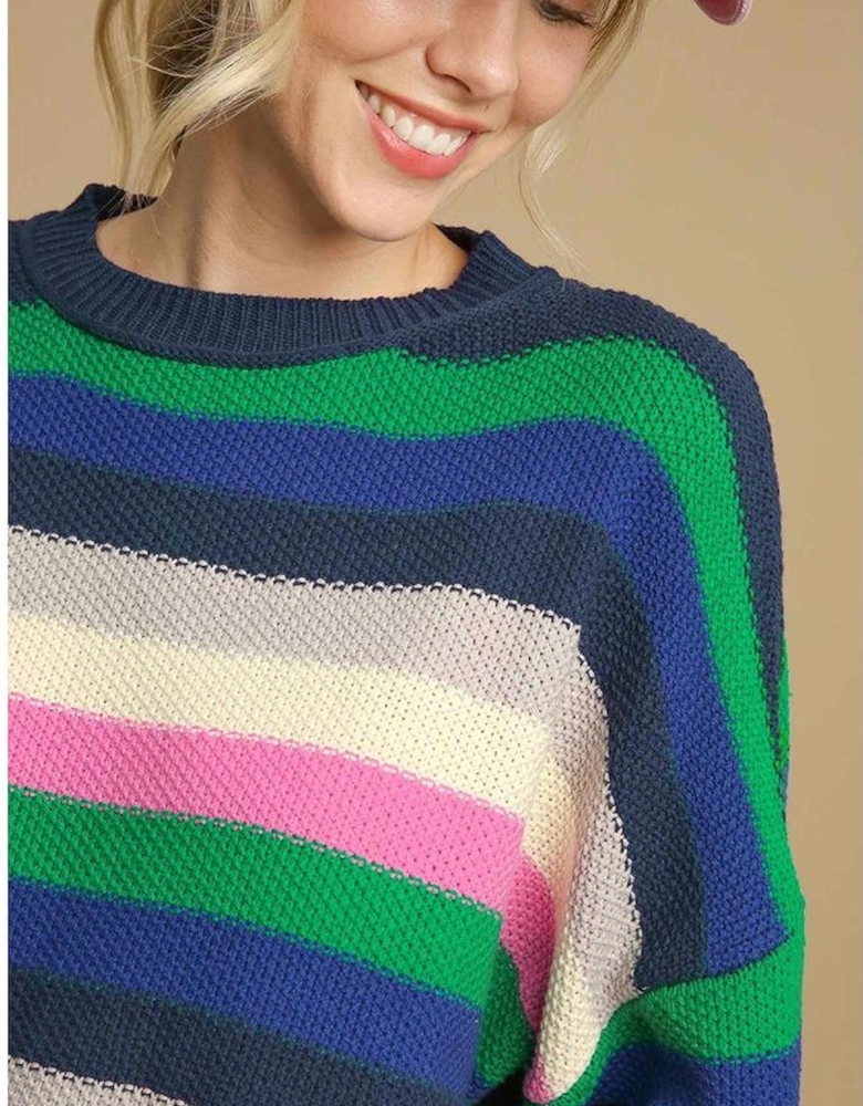 Bright Green Rainbow Striped Crew Neck Drop Shoulder Sweater