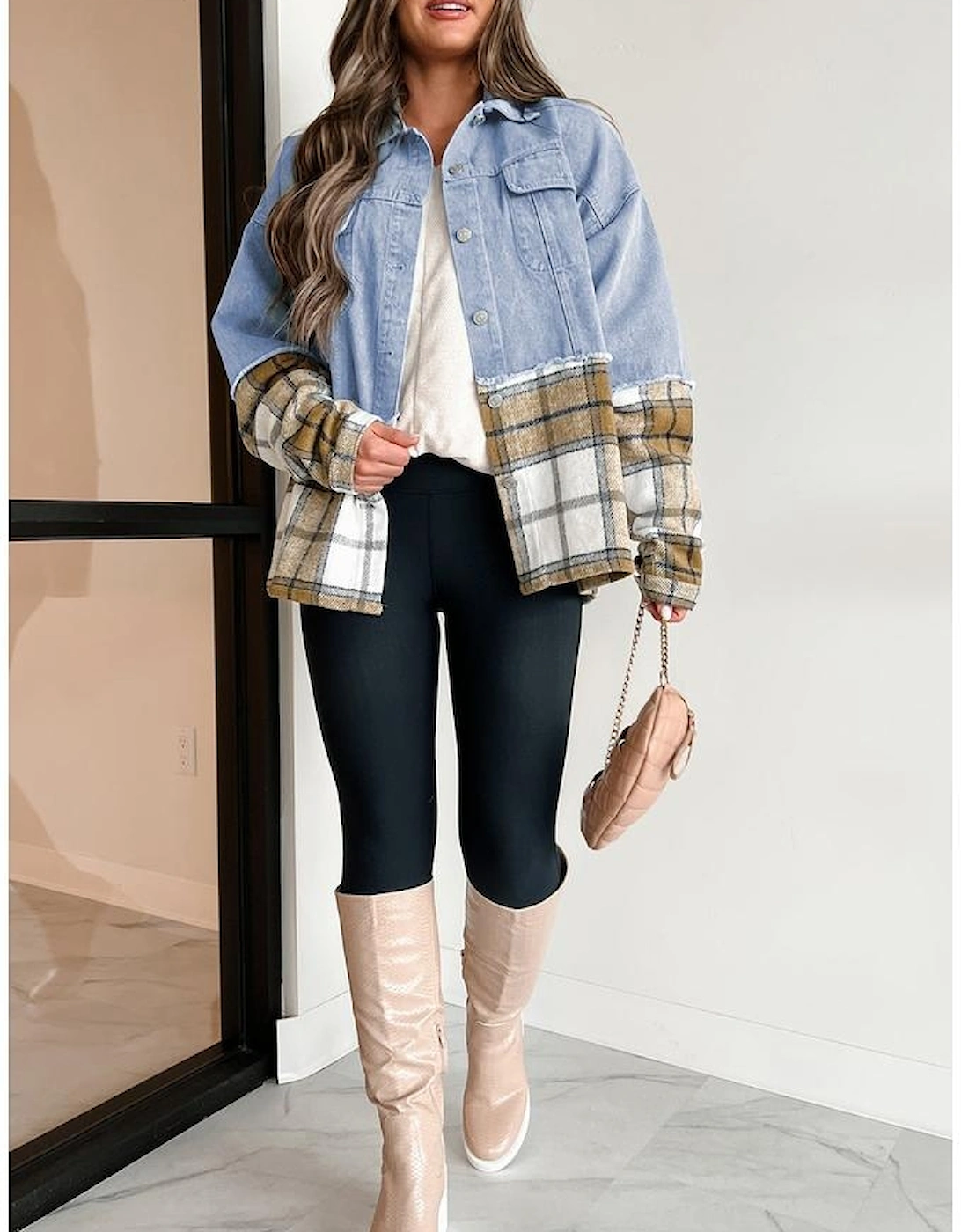 Khaki Plaid Patchwork Buttoned Oversized Denim Jacket