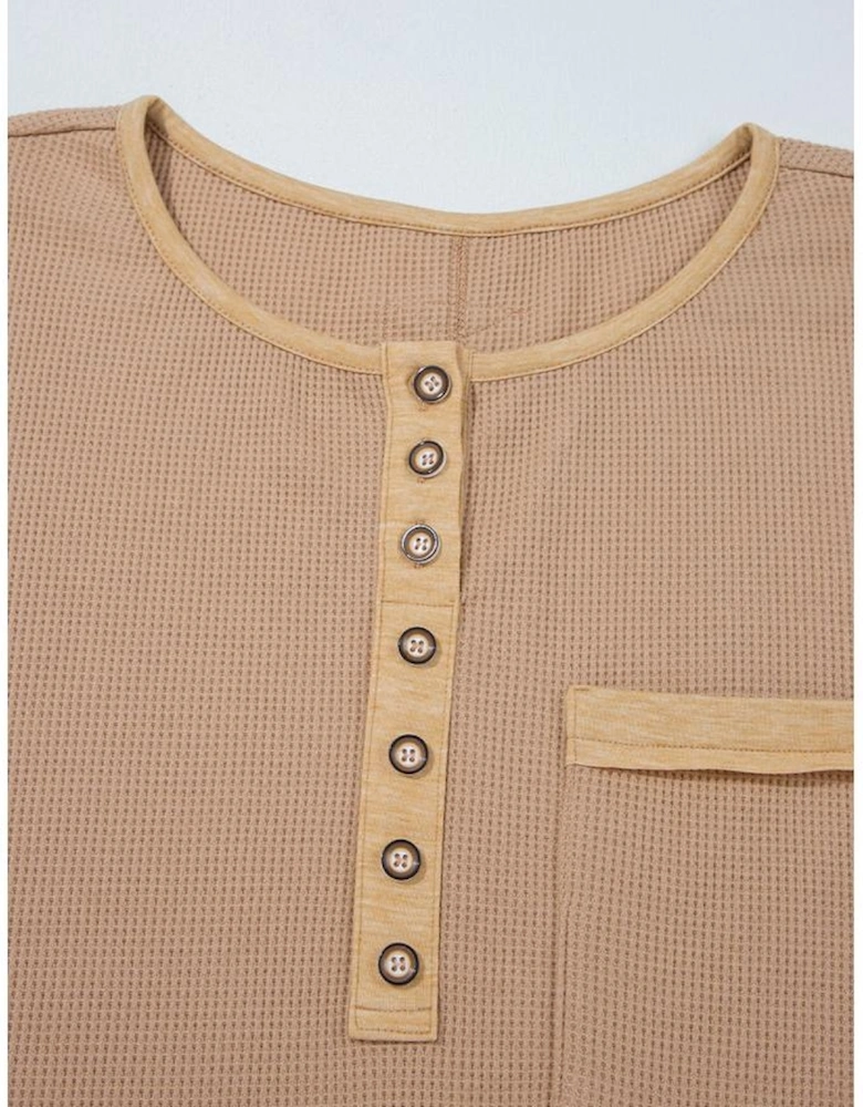 Dark Khaki Color Block Waffle Textured Tunic Henley Top with Slits