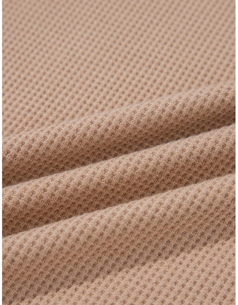 Dark Khaki Color Block Waffle Textured Tunic Henley Top with Slits