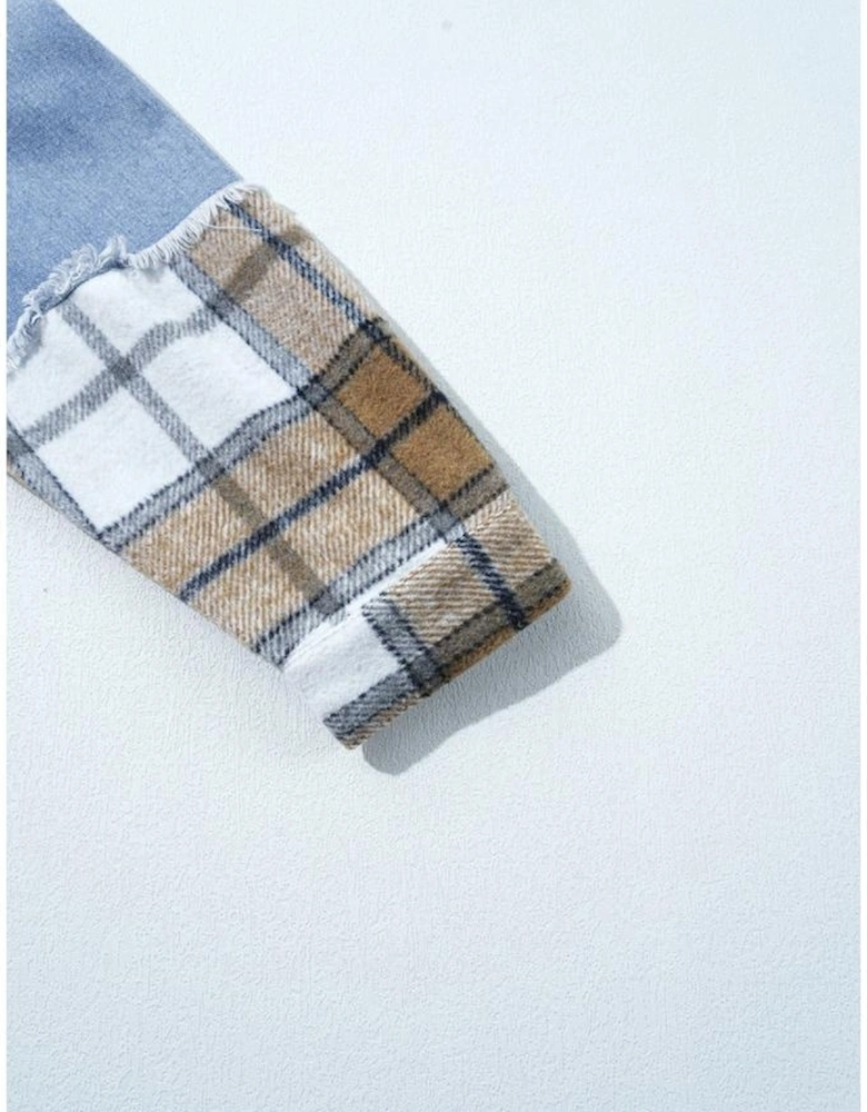 Khaki Plaid Patchwork Buttoned Oversized Denim Jacket