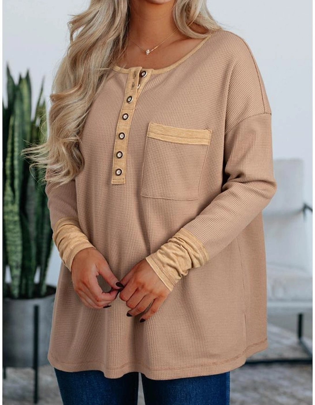 Dark Khaki Color Block Waffle Textured Tunic Henley Top with Slits