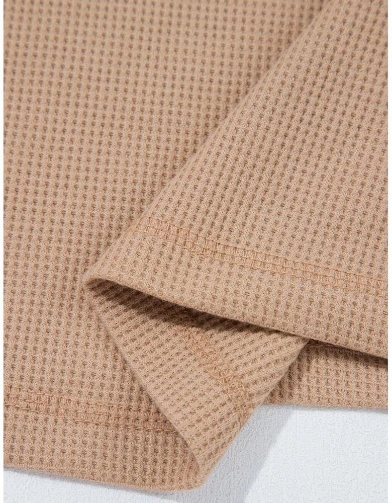 Dark Khaki Color Block Waffle Textured Tunic Henley Top with Slits