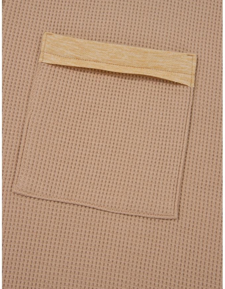 Dark Khaki Color Block Waffle Textured Tunic Henley Top with Slits