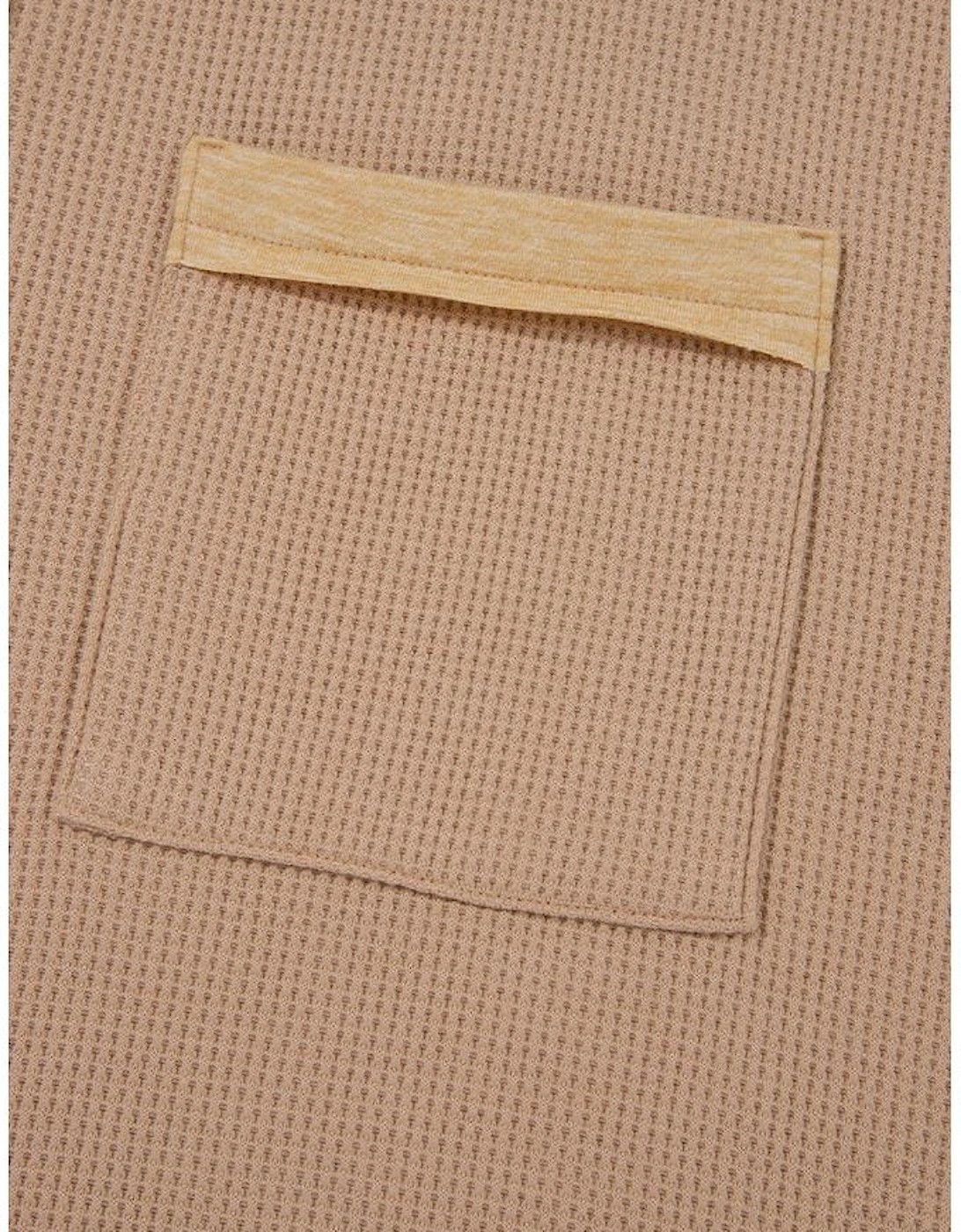 Dark Khaki Color Block Waffle Textured Tunic Henley Top with Slits