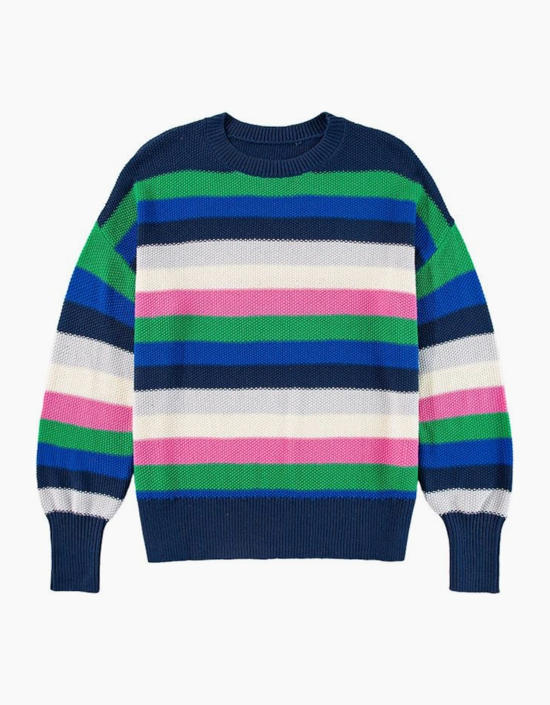 Bright Green Rainbow Striped Crew Neck Drop Shoulder Sweater