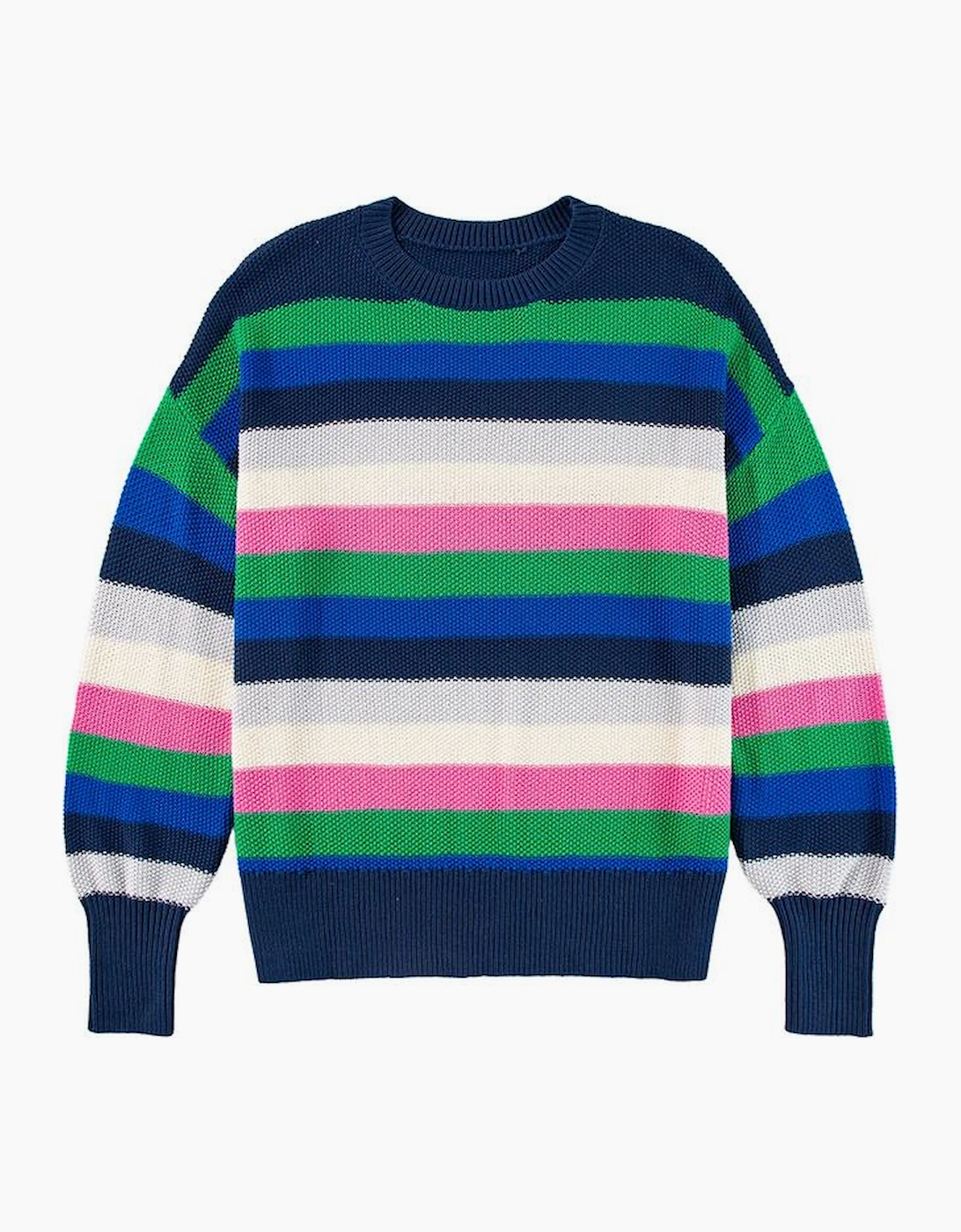 Bright Green Rainbow Striped Crew Neck Drop Shoulder Sweater