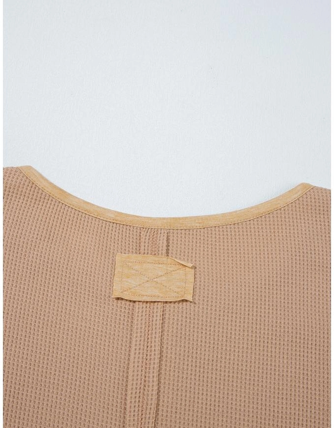 Dark Khaki Color Block Waffle Textured Tunic Henley Top with Slits