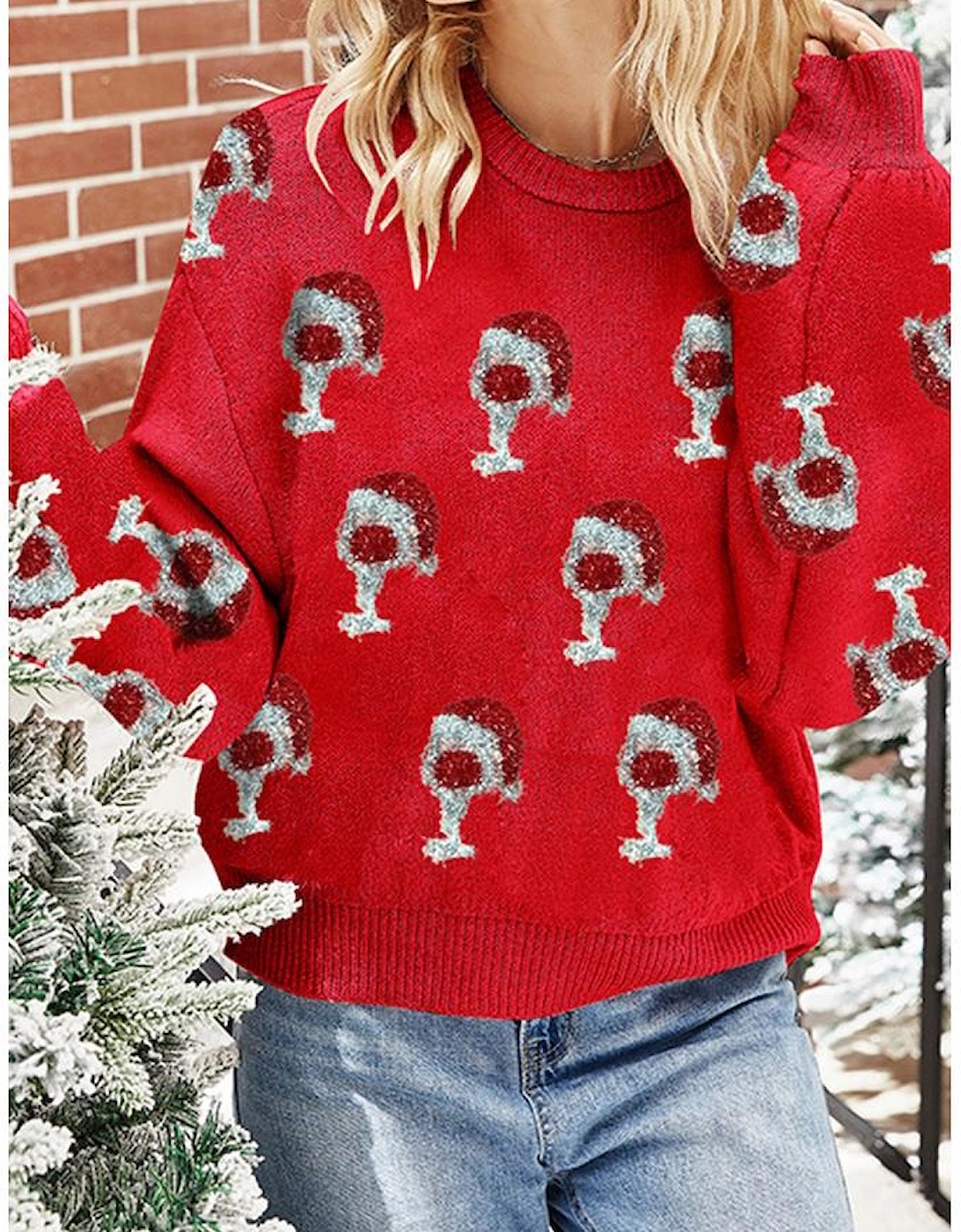 Racing Red Cheer for Christmas Round Neck Casual Sweater