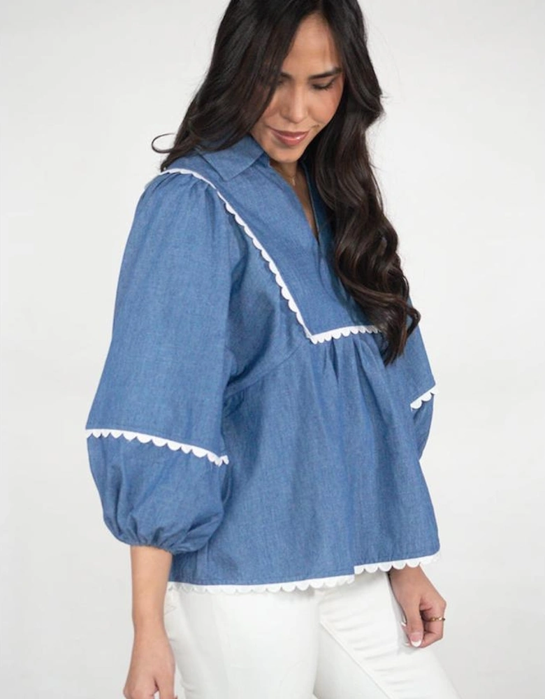 Dusk Blue Lace Ric Rac 3/4 Puff Sleeve Collared Babydoll Blouse