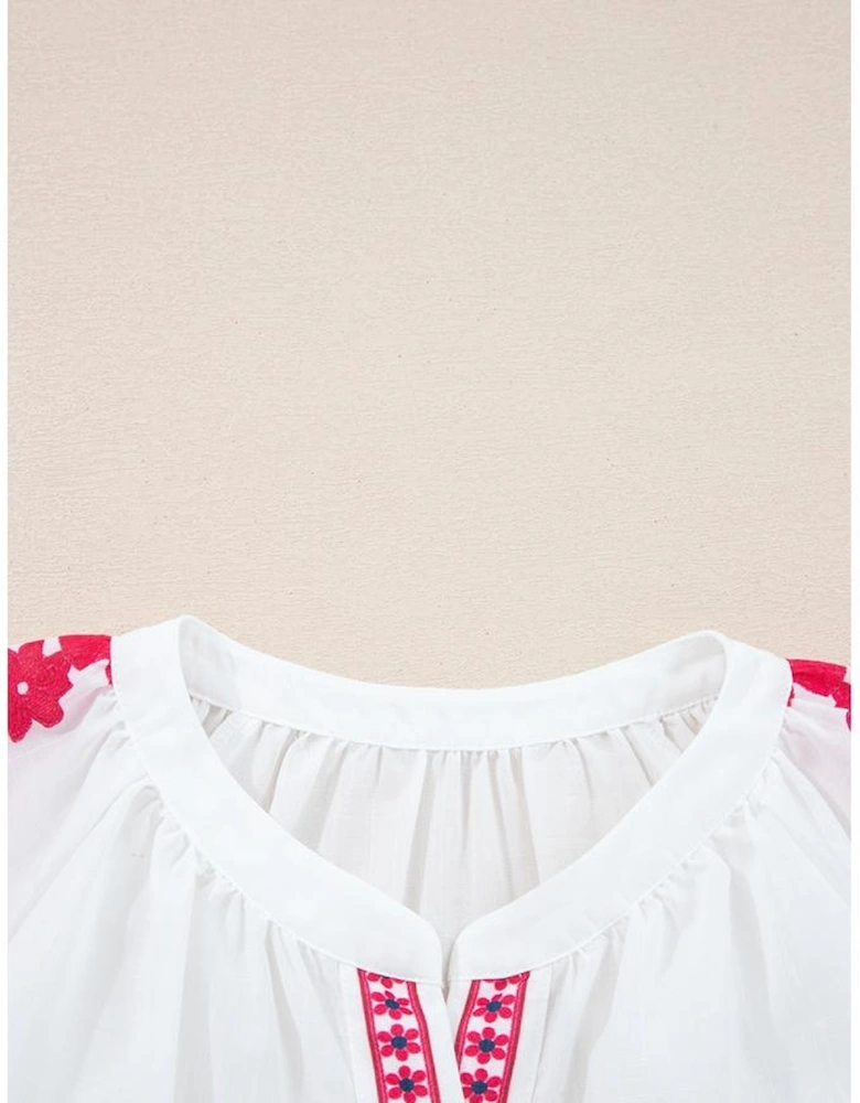 White Floral Embroidered Puff Long Sleeve Casual Shirt