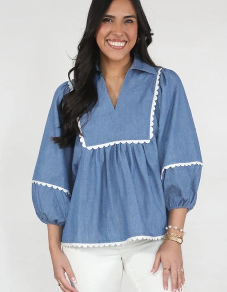 Dusk Blue Lace Ric Rac 3/4 Puff Sleeve Collared Babydoll Blouse