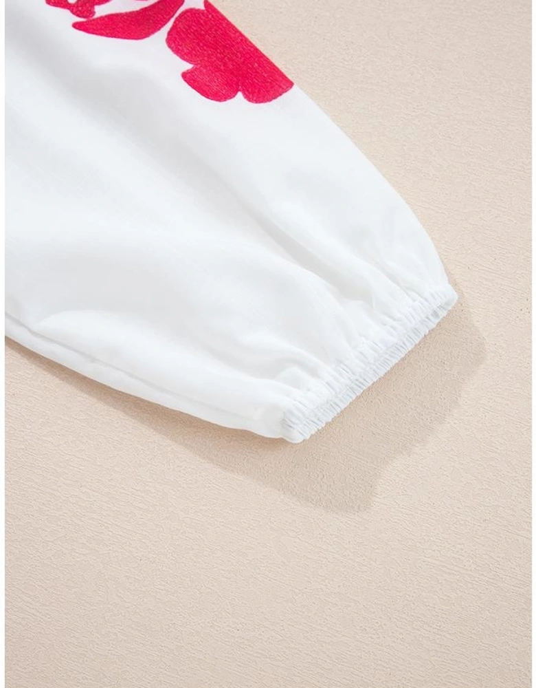 White Floral Embroidered Puff Long Sleeve Casual Shirt